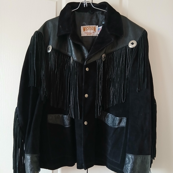 Schott NYC Other - Schott NYC Western Black Tooled Leather Conchos Fringed Jacket 46 USA Vintage.